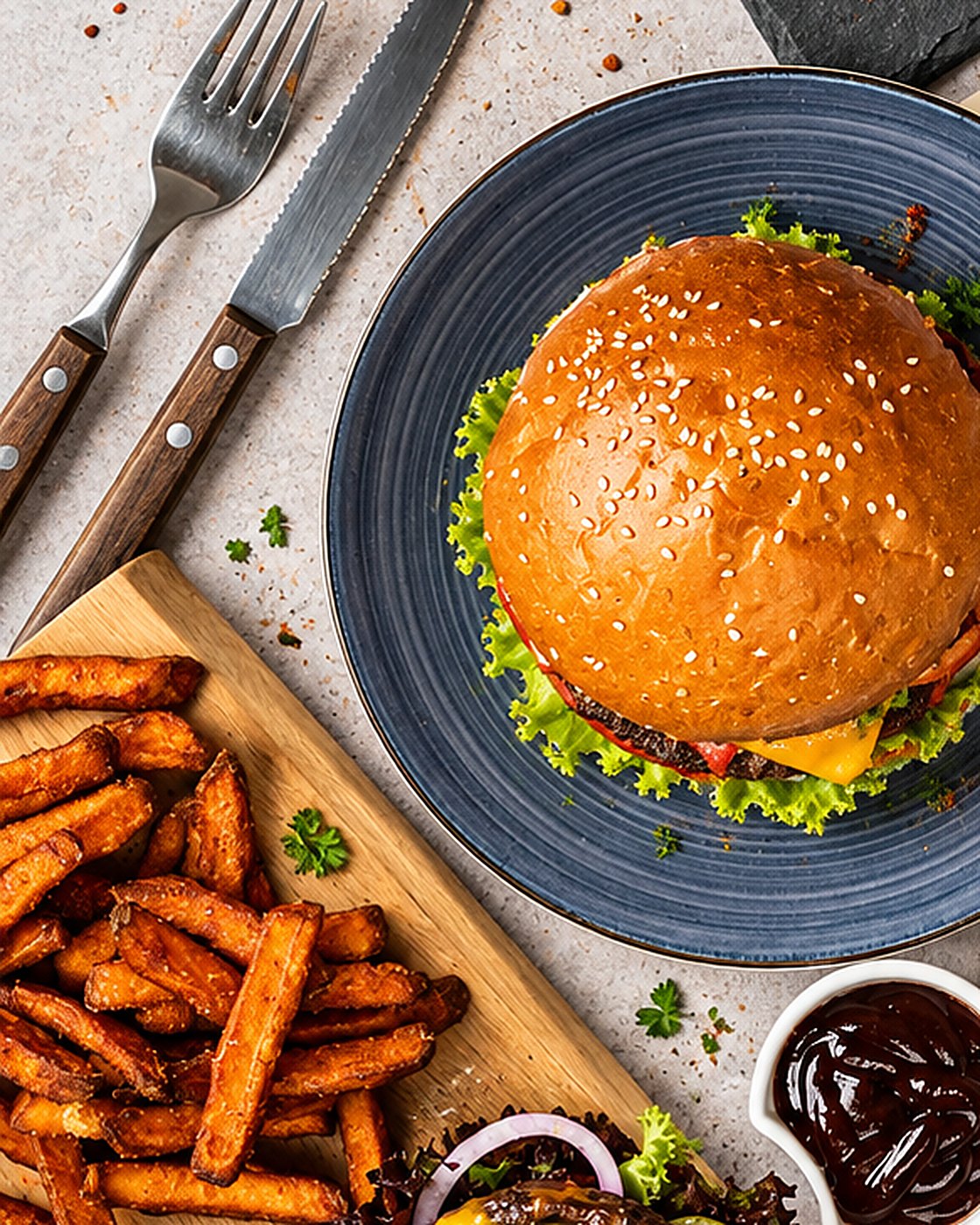 Burger mit Süßkartoffel-Pommes bei Wip’s Soulfood in Wien 1230