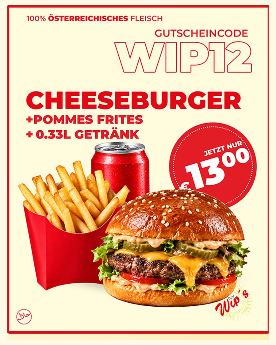 Gutschein WIP12: Cheeseburger mit Pommes frites und Getränk um 13,00 € bei Wip’s Soulfood in Wien 1230
