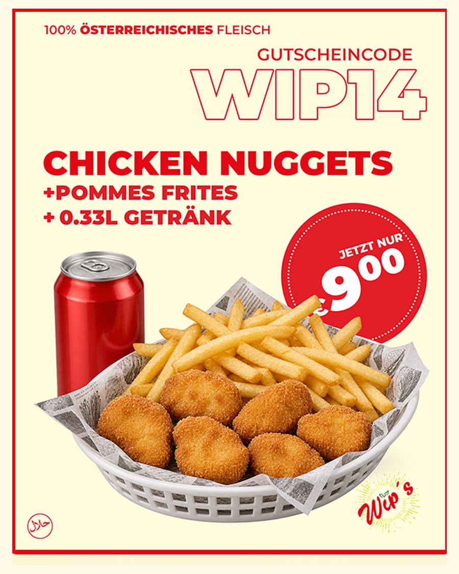 Gutschein WIP14: Chicken Nuggets mit Pommes frites und Getränk um 9,00 € bei Wip’s Soulfood in Wien 1230