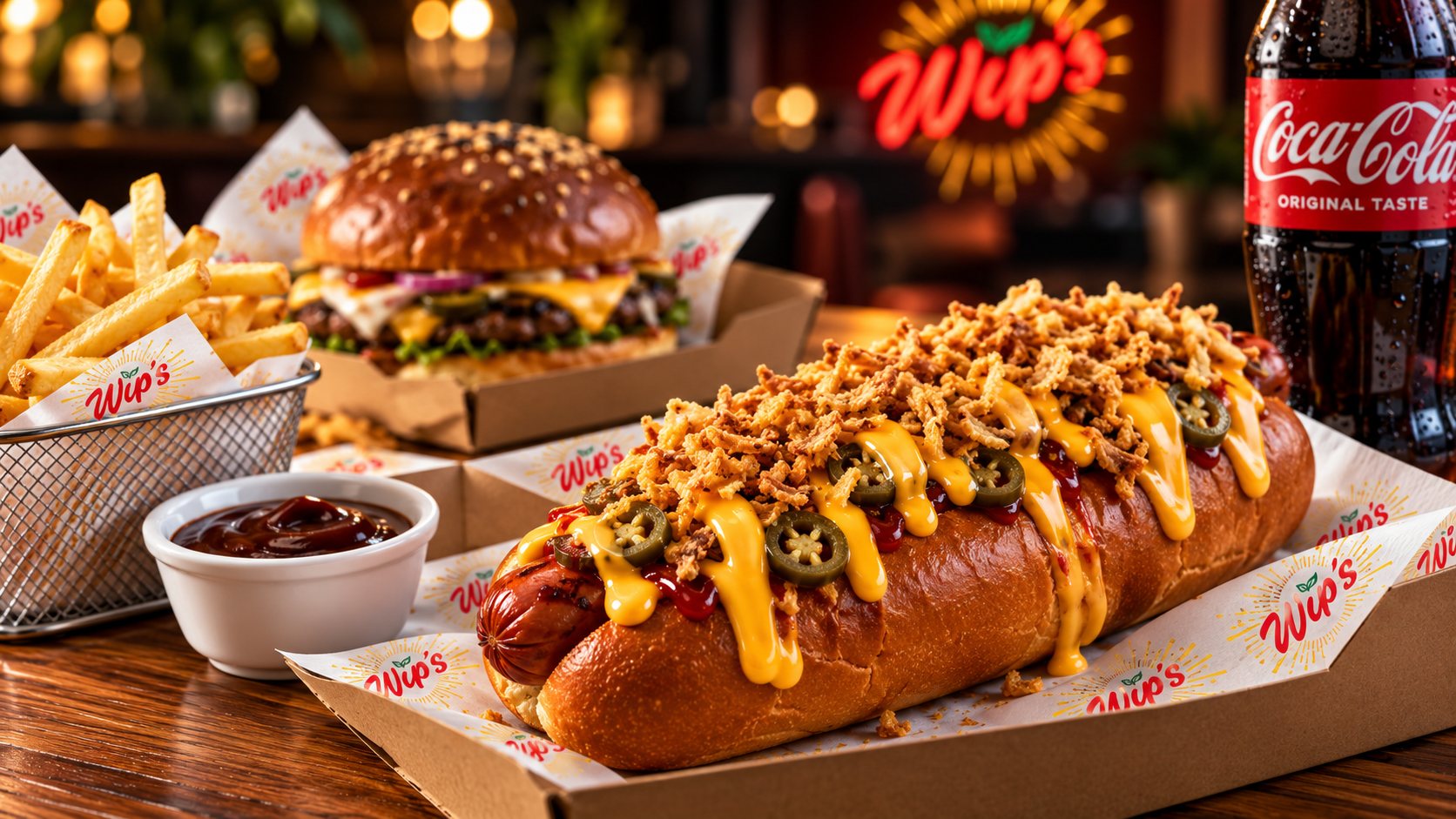 Hot Dog mit Käsesauce und Röstzwiebeln von Wip’s Soulfood